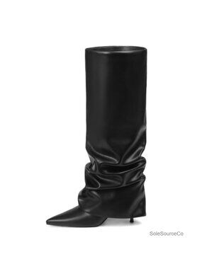 Faux Leather Knee High Wide Calf Slouch Fold Over Stiletto Boots